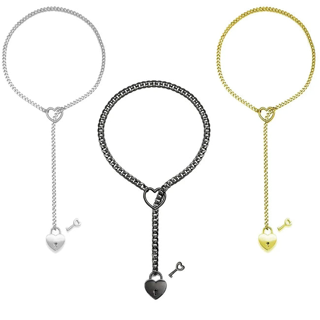 Adjustable Heart O-Ring Punk Rock Cuban Chain Necklace – Lariat Y-Style Necklace with Key & Heart Lock Pendant Main Image